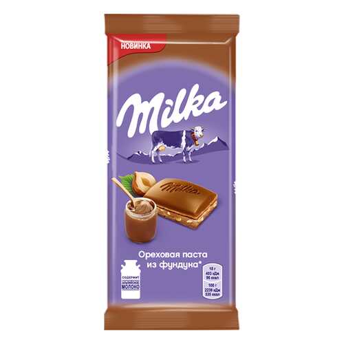 Шоколад Milka молочный с добавлением ореховой пасты из фундука и с дробленым фундуком 90 г в Шелл